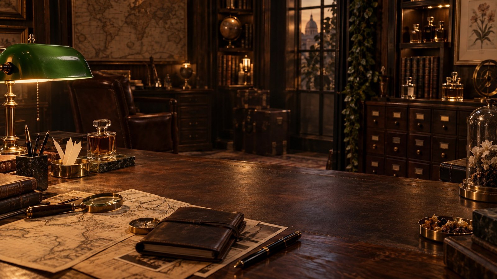 A warm, low-lit archive interior with a desk, brass instruments and drawers receding into shadow.