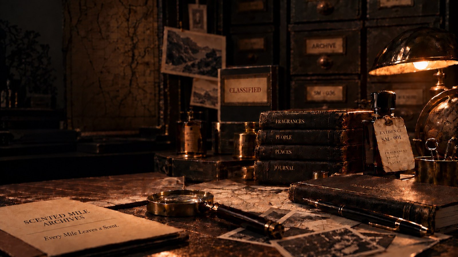 A dim archive room with filing drawers, photographs, a classified folder and a Scented Mile archive journal open on the desk.