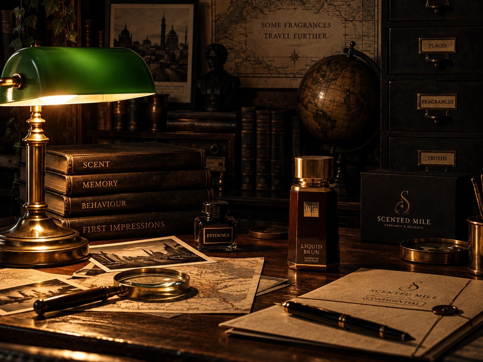 An archivist's desk under a green lamp with maps, photographs, an evidence ink bottle and a string-tied bundle of papers.
