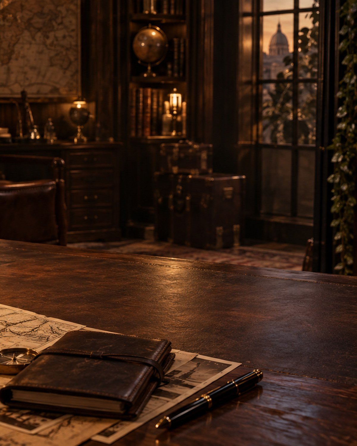 A quiet study at dusk: a leather journal and fountain pen closed on a desk, travel trunks and shelved books behind a tall window.